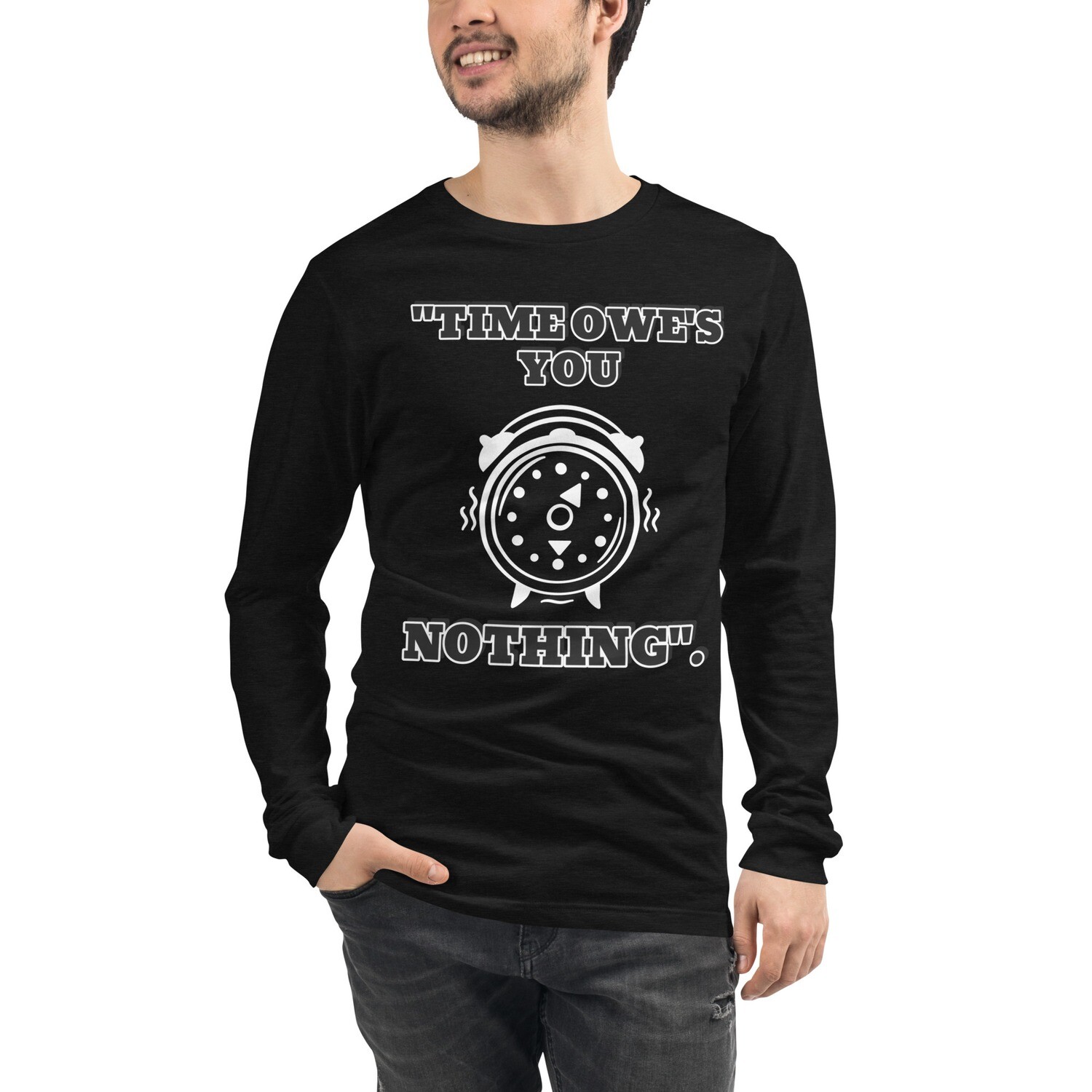 TIME OWES-Unisex Long Sleeve Tee, Color: Black Heather, Size: XS