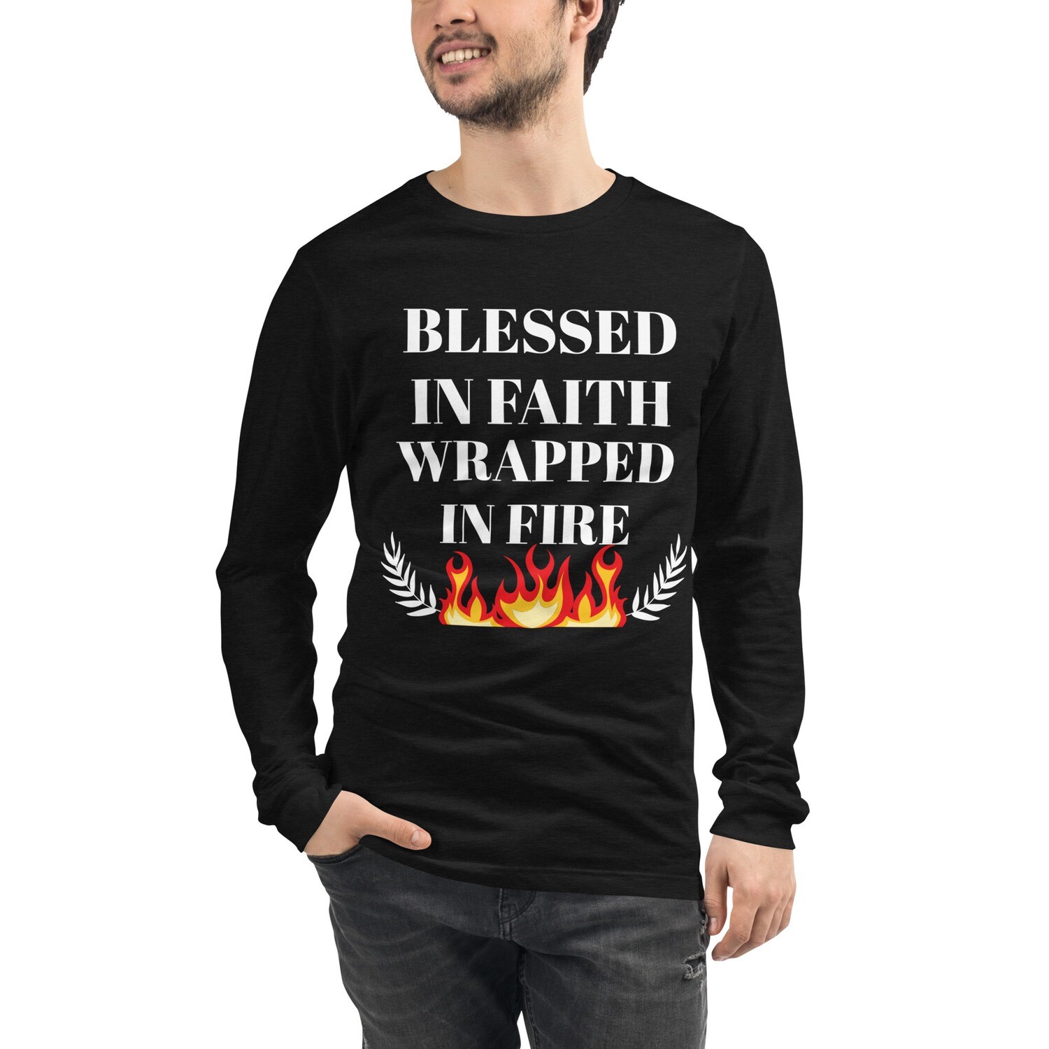 WRAPPED IN FIRE-Unisex Long Sleeve Tee, Color: Black Heather, Size: XS
