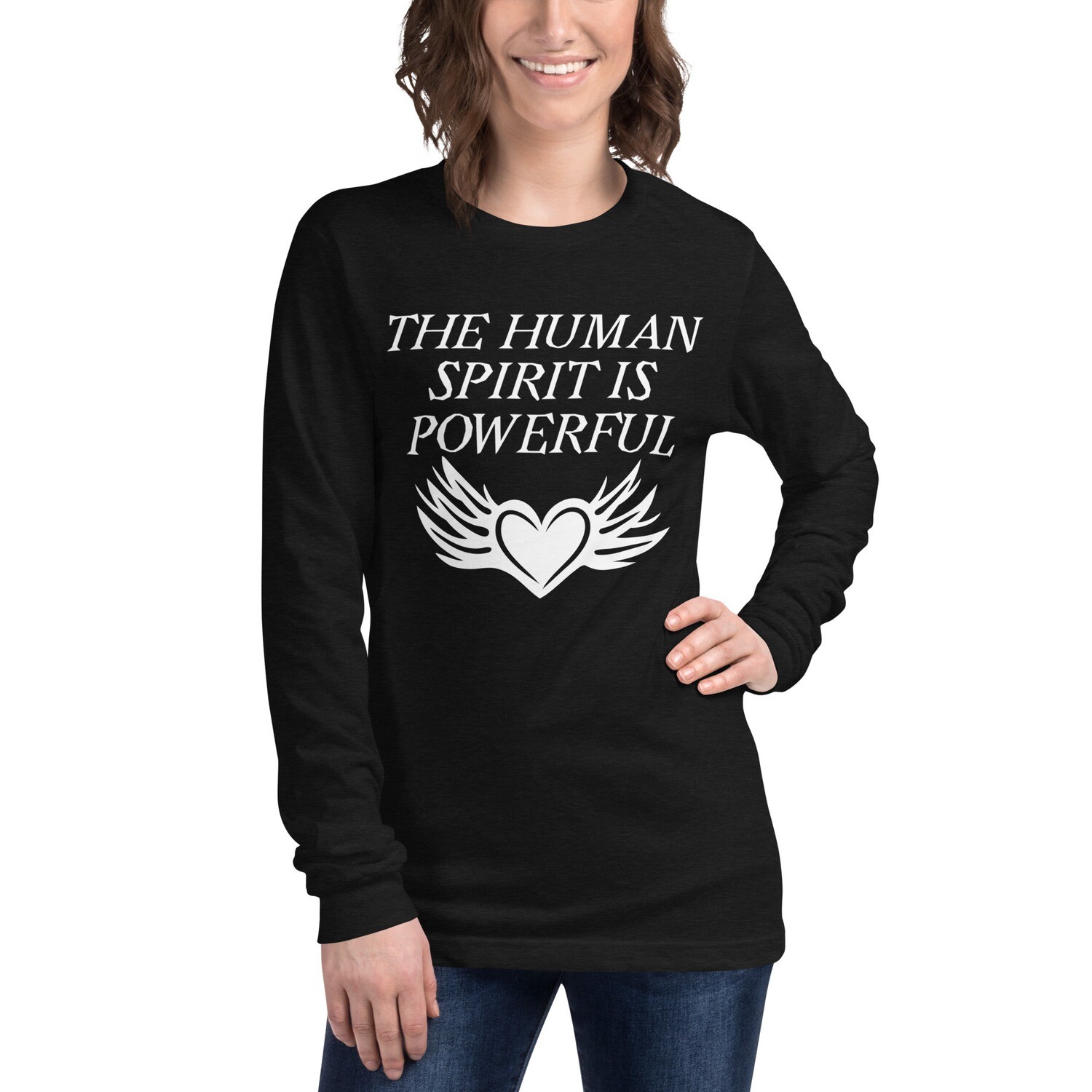 SPIRIT-Unisex Long Sleeve Tee, Color: Black Heather, Size: XS