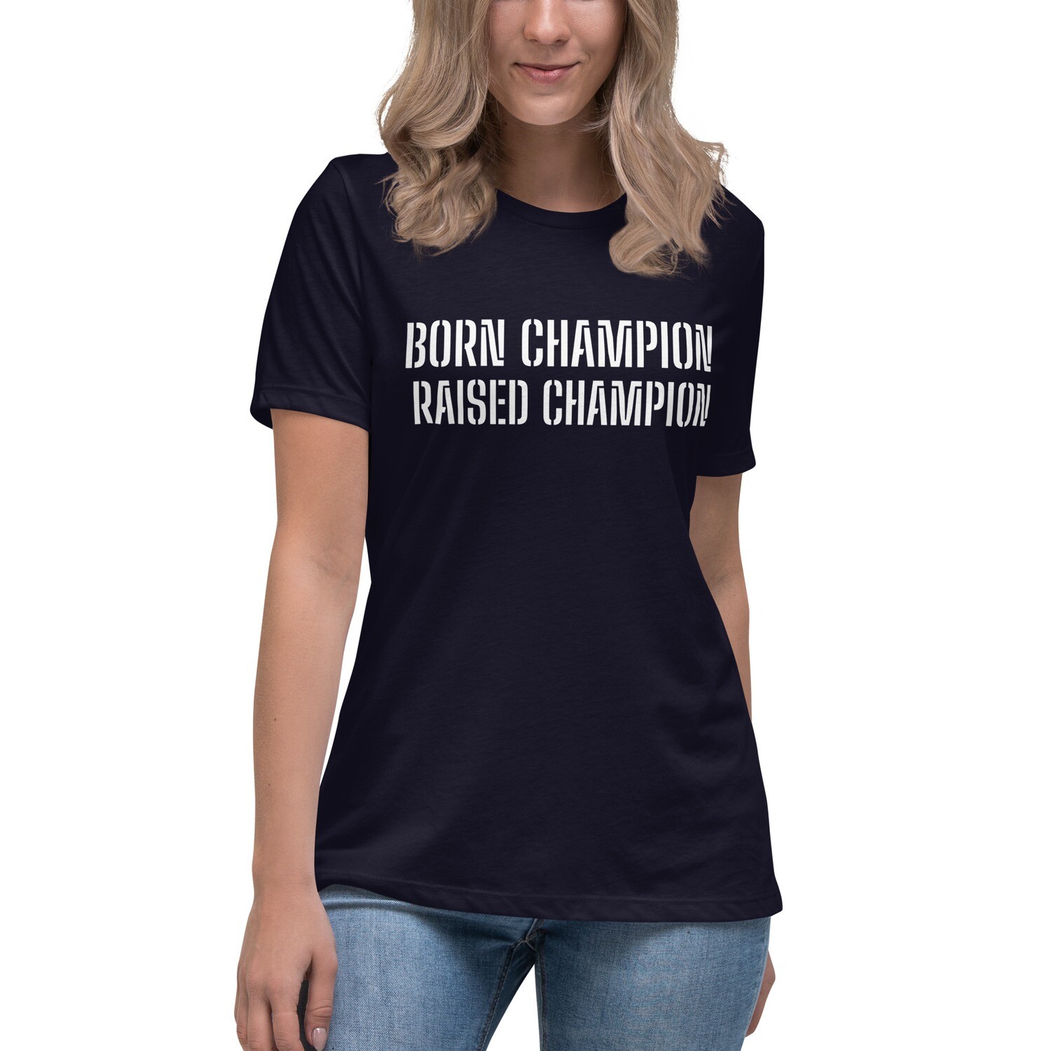 BE CHAMPION-LEVEL UP-Women&#39;s Relaxed T-Shirt, Color: Navy, Size: S