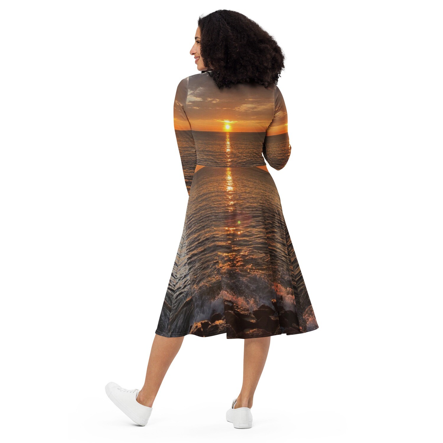 OCEAN VIEW-All-over print long sleeve midi dress, Size: 2XS