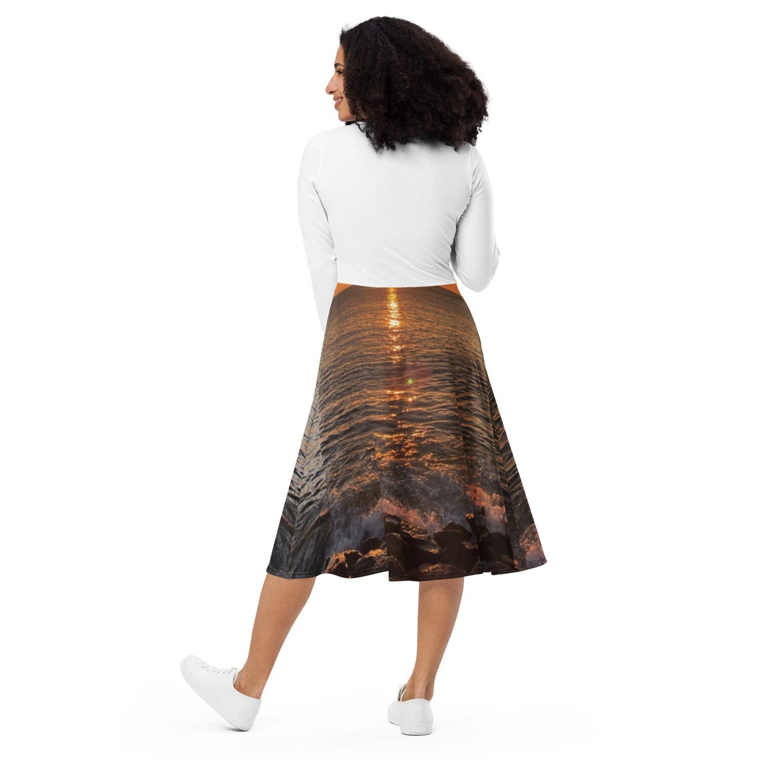 OCEAN VIEW-All-over print long sleeve midi dress, Size: 2XS