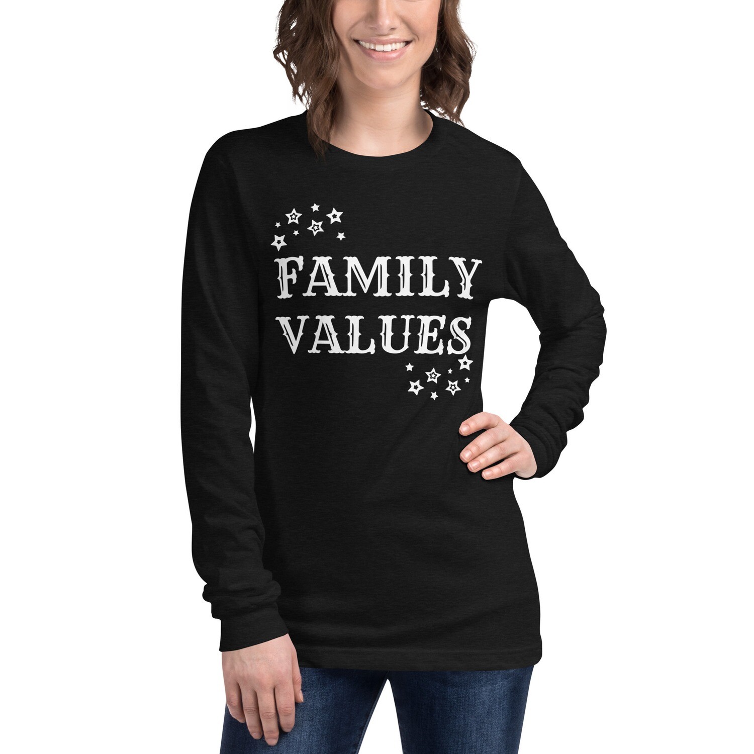 FAMILY VALUES-WIFE-Unisex Long Sleeve Tee, Color: Black Heather, Size: XS