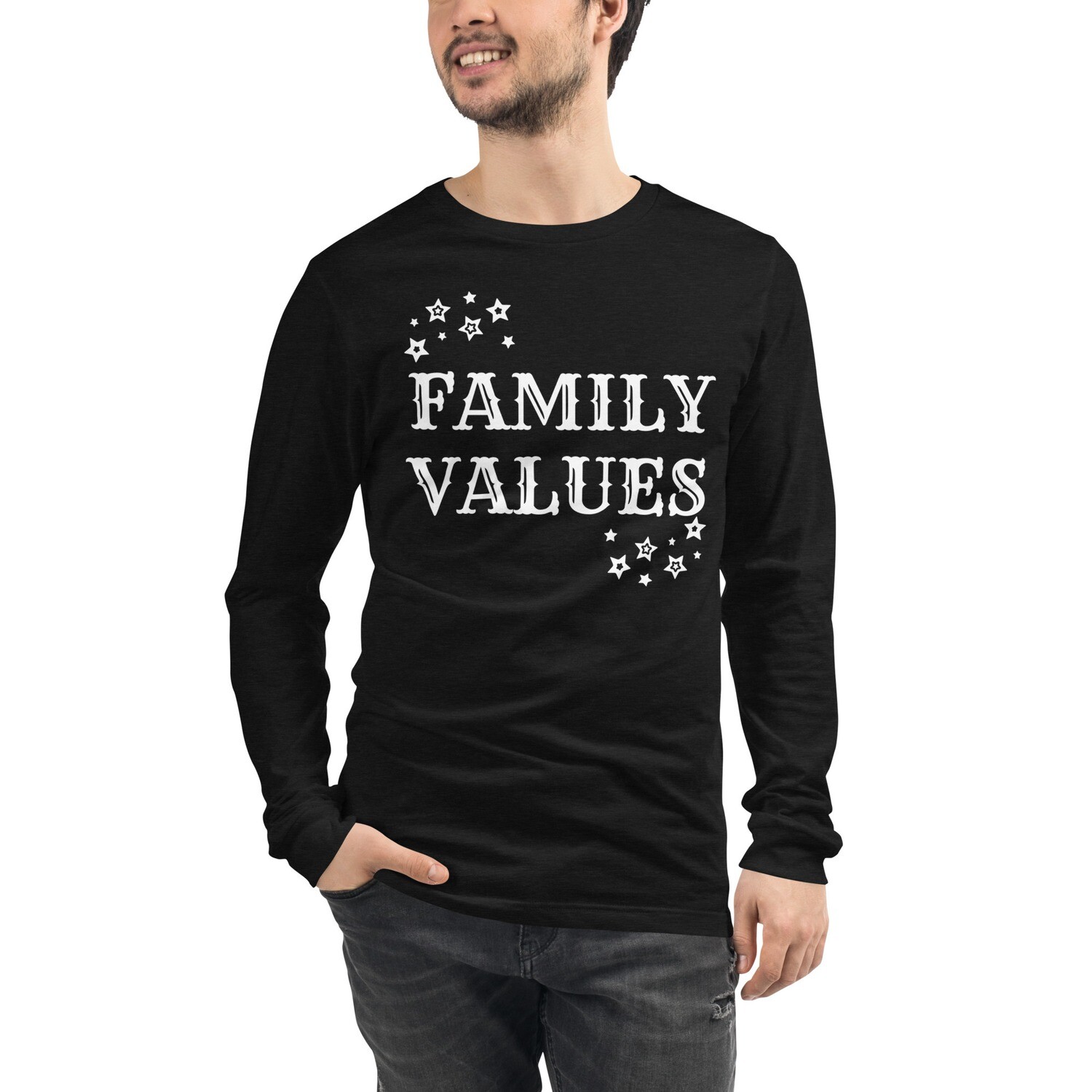 FAMILY VALUES-HUSBAND-Unisex Long Sleeve Tee, Color: Black Heather, Size: XS