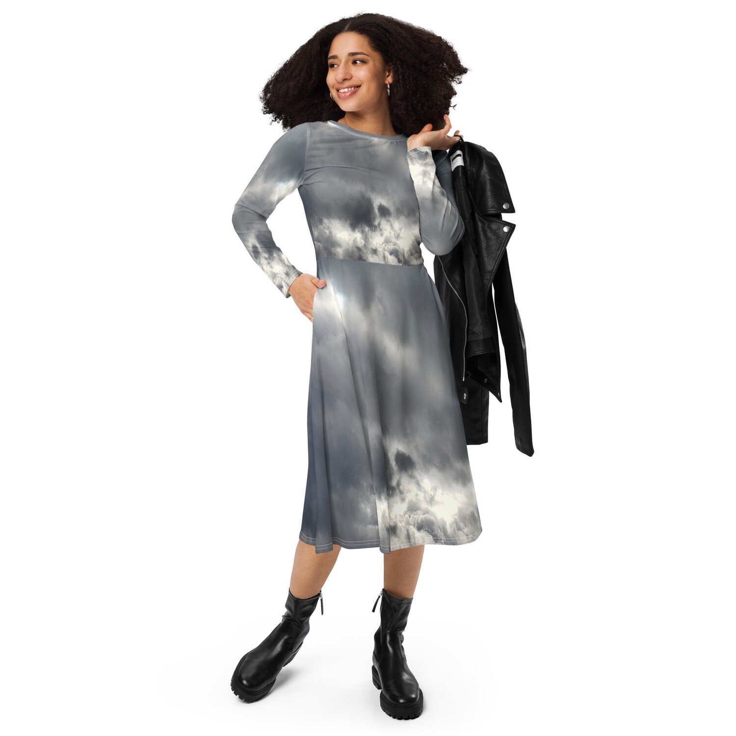 CLOUD9-All-over print long sleeve midi dress, Size: 2XS