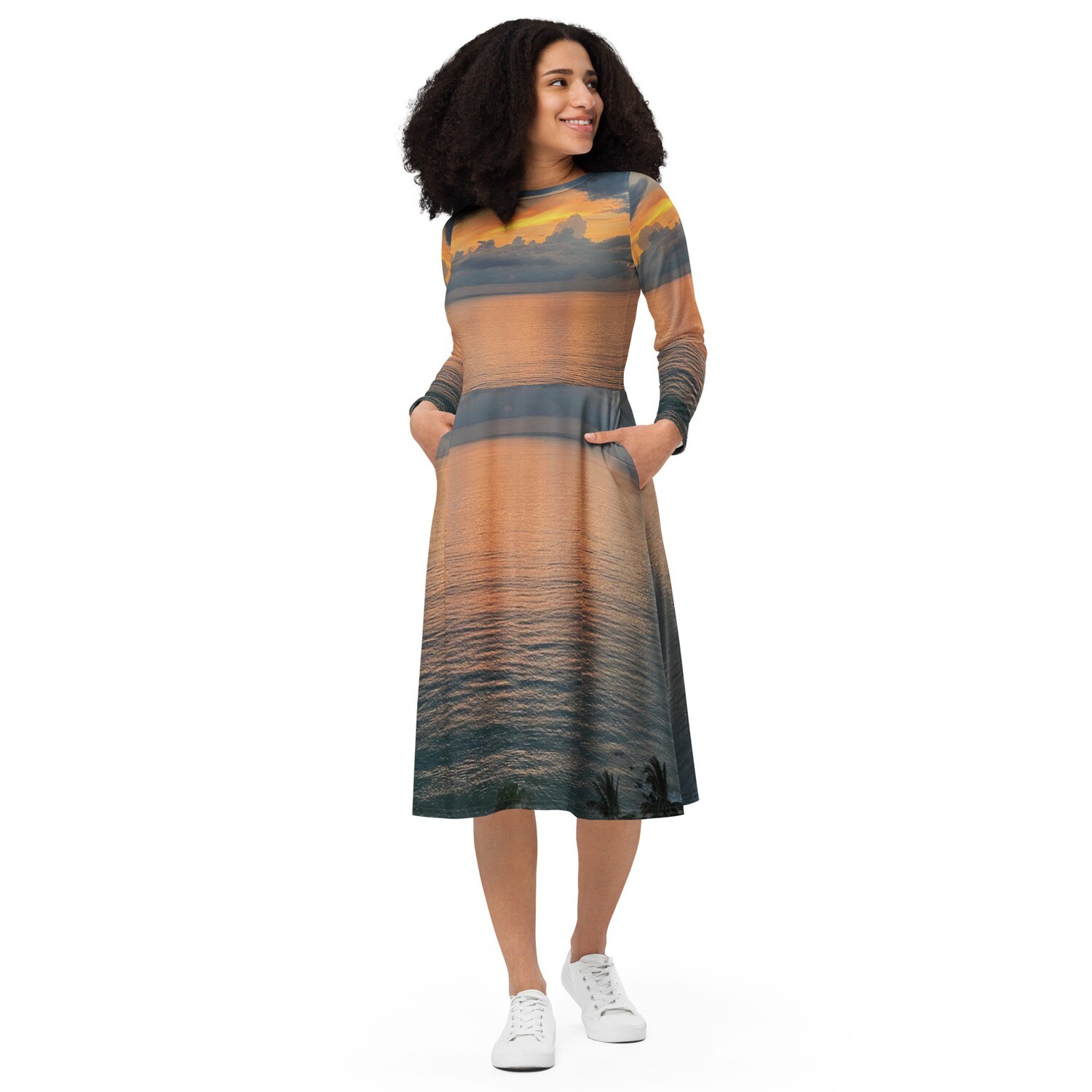 LUX SANDS-All-over print long sleeve midi dress