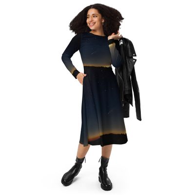 SUNSET BLISS HORIZON-All-over print long sleeve midi dress