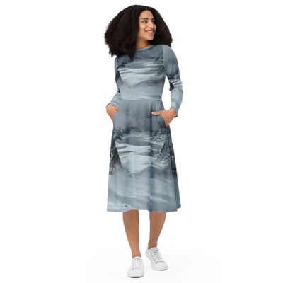 SNOW RIDGE-All-over print long sleeve midi dress