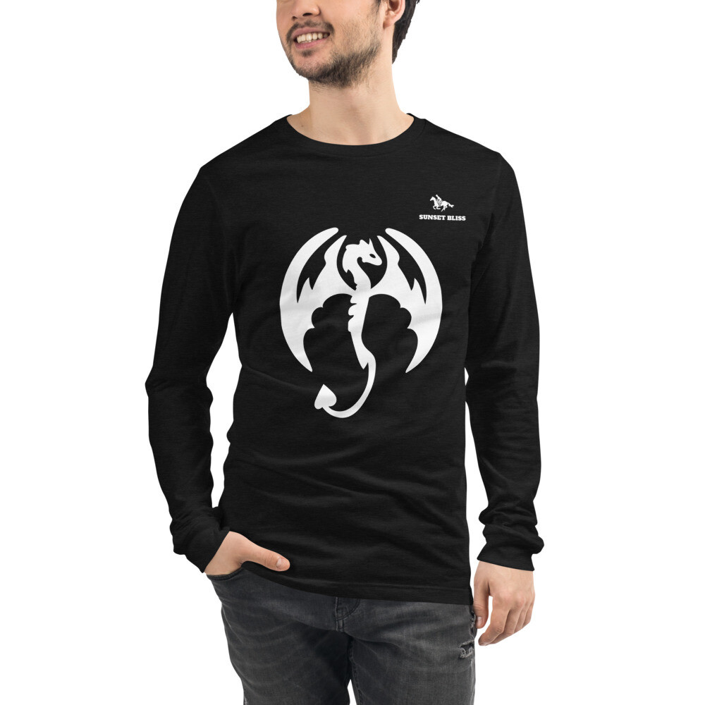 SUNSET BLISS DRAGON-Unisex Long Sleeve Tee, Color: Black Heather, Size: XS