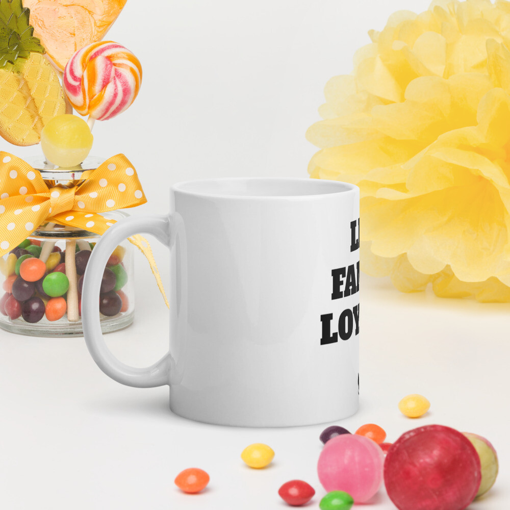 LIFE,FAMILY,LOYALTY-White glossy mug, Size: 11oz