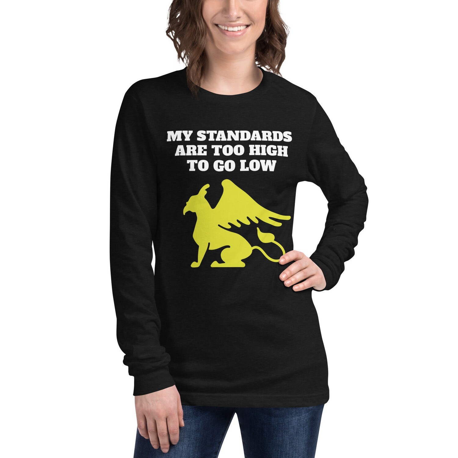 MISS STANDARDS-Unisex Long Sleeve Tee, Color: Black Heather, Size: S