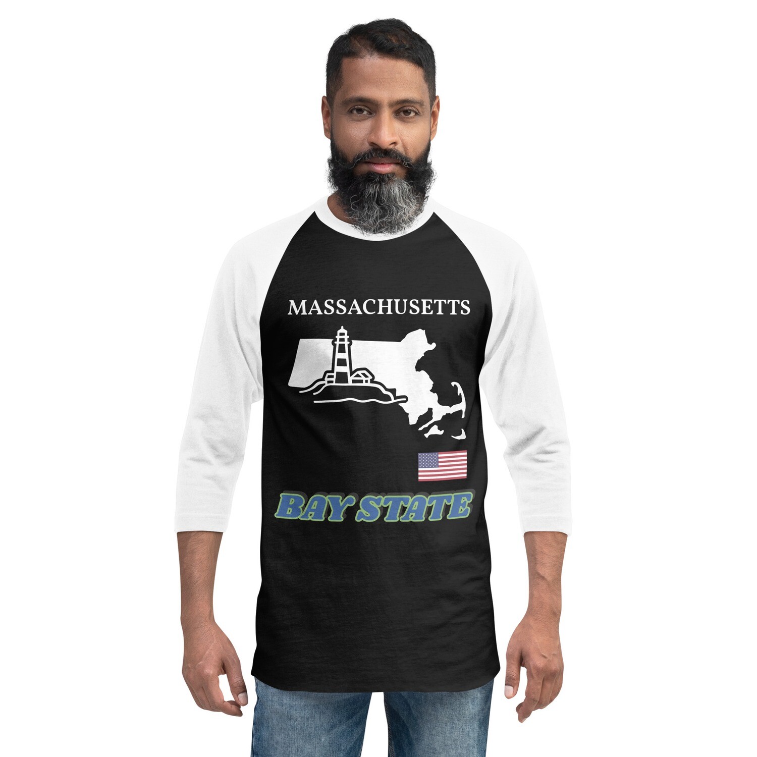 MASSACHUSETTS-3/4 sleeve raglan shirt, Color: Black/White, Size: XS