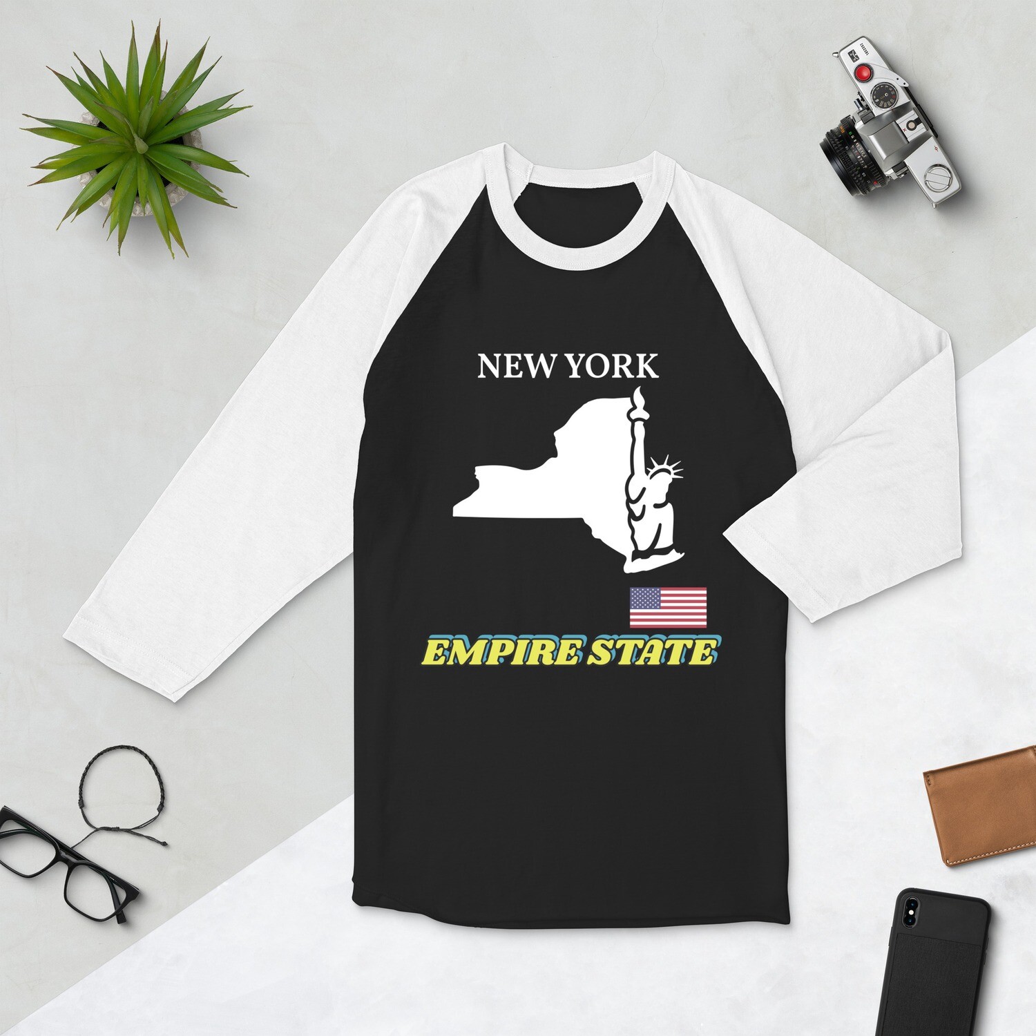 NEW YORK-3/4 sleeve raglan shirt, Color: Black/White, Size: XS