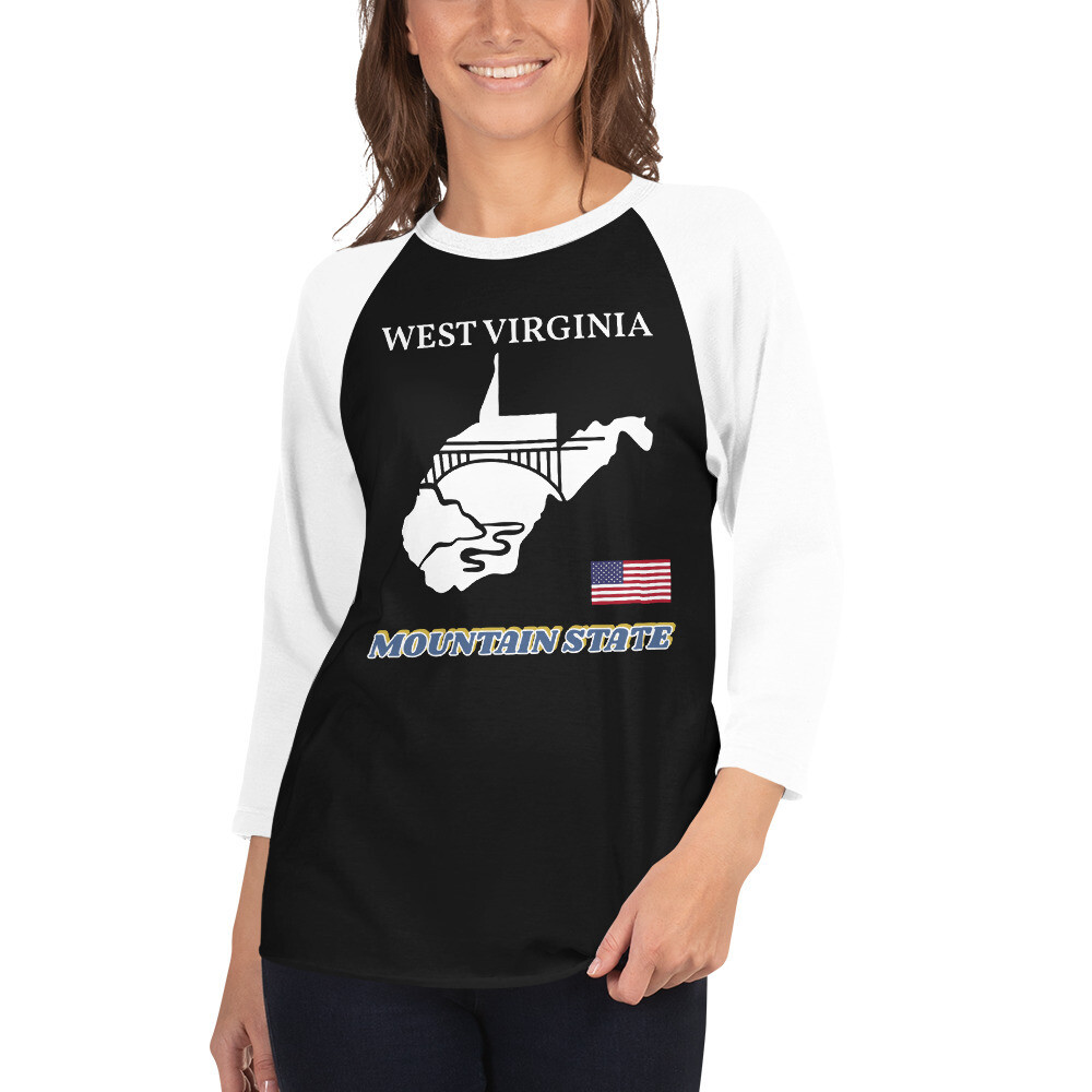 WEST VIRGINIA-3/4 sleeve raglan shirt, Color: Black/White, Size: XS