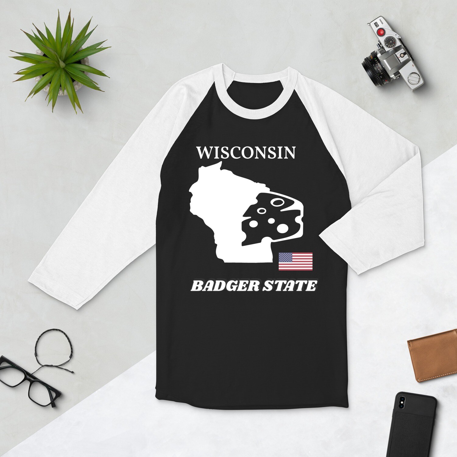 WISCONSIN-3/4 sleeve raglan shirt, Color: Black/White, Size: XS