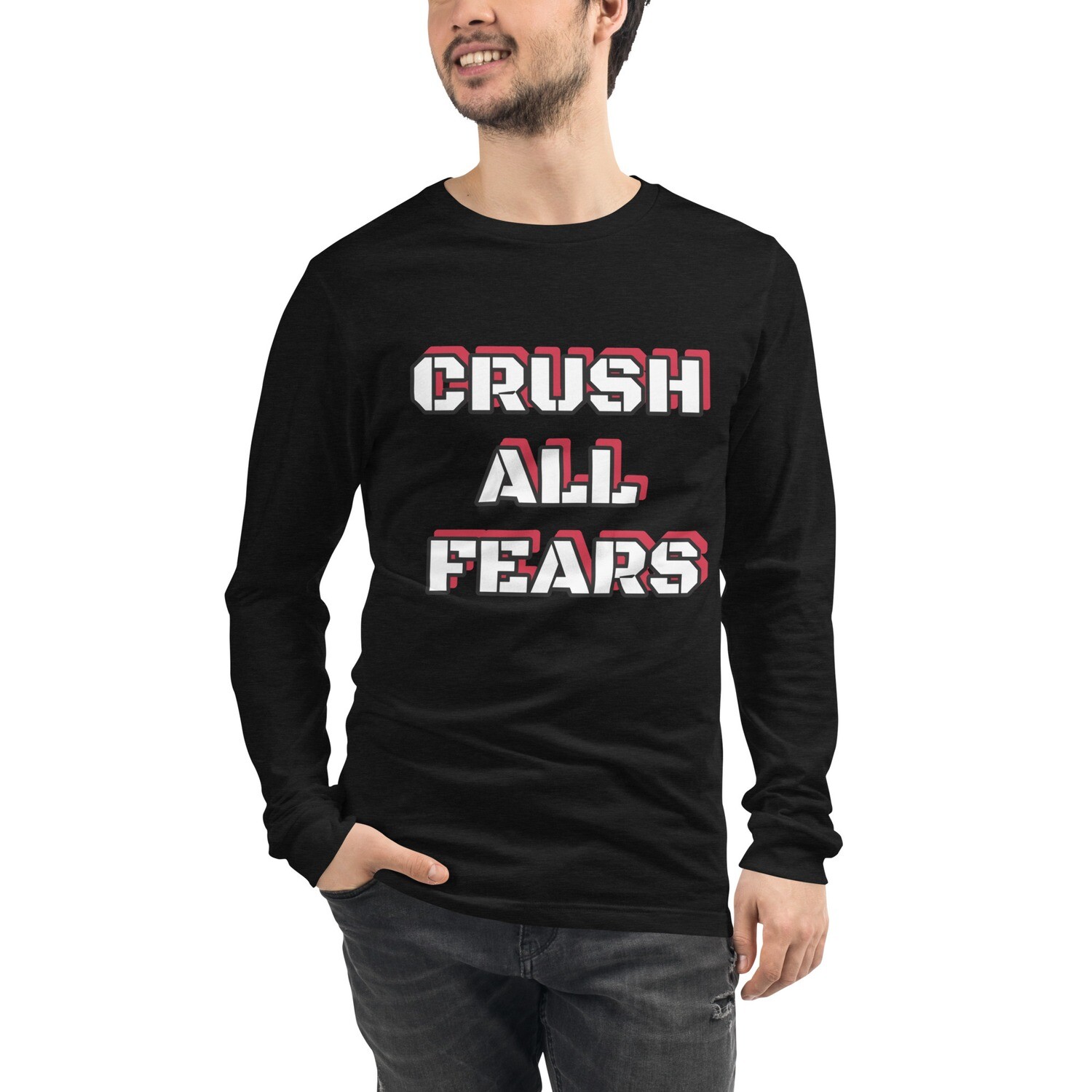 CRUSH FEARS-Unisex Long Sleeve Tee, Color: Black Heather, Size: XS