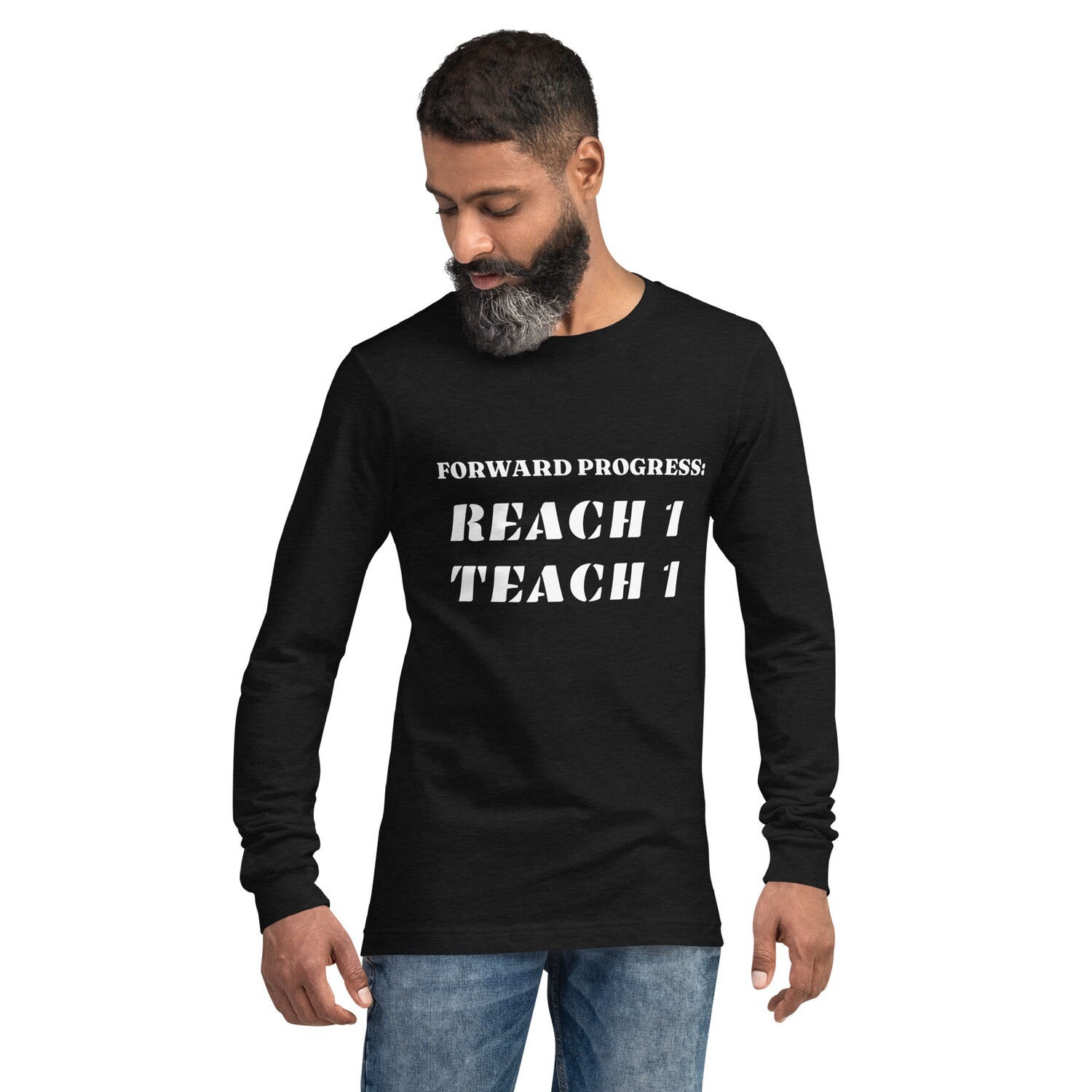 REACH-1-Unisex Long Sleeve Tee, Color: Black Heather, Size: XS