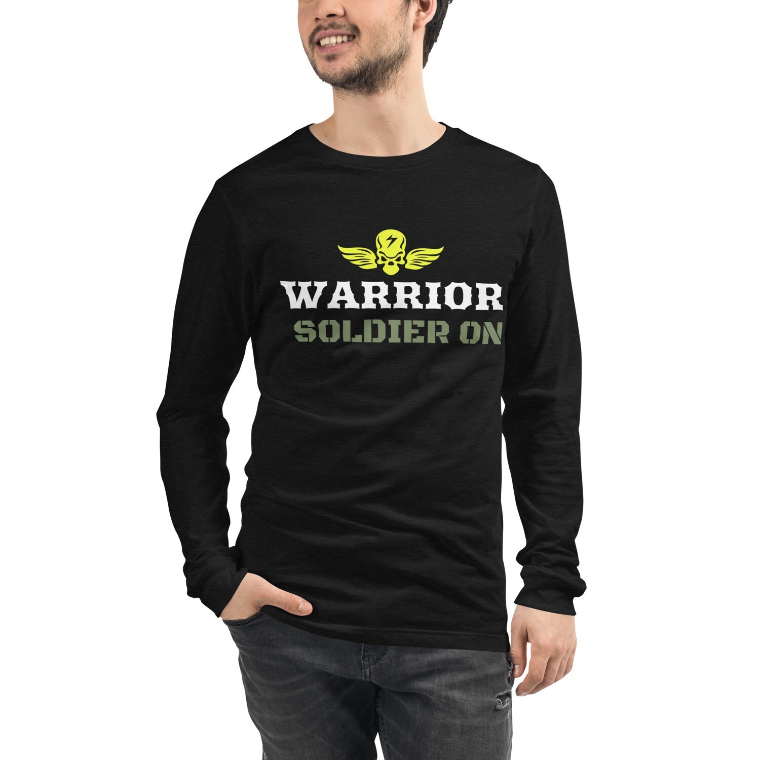 SOLDIER ON-Unisex Long Sleeve Tee, Color: Black Heather, Size: XS