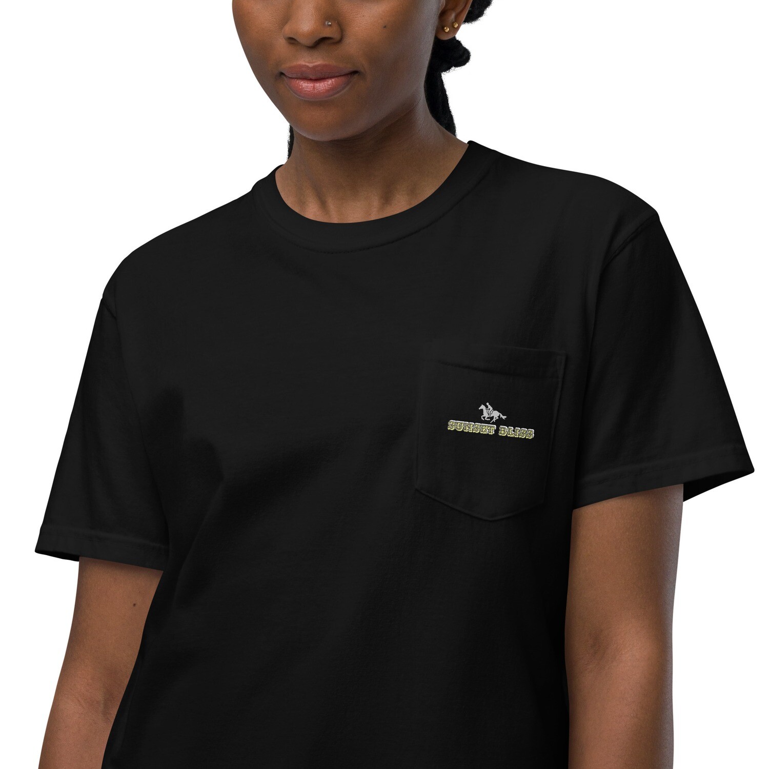 SUNSET BLISS RIDER\SILVER--Unisex garment-dyed pocket t-shirt, Color: Black, Size: S