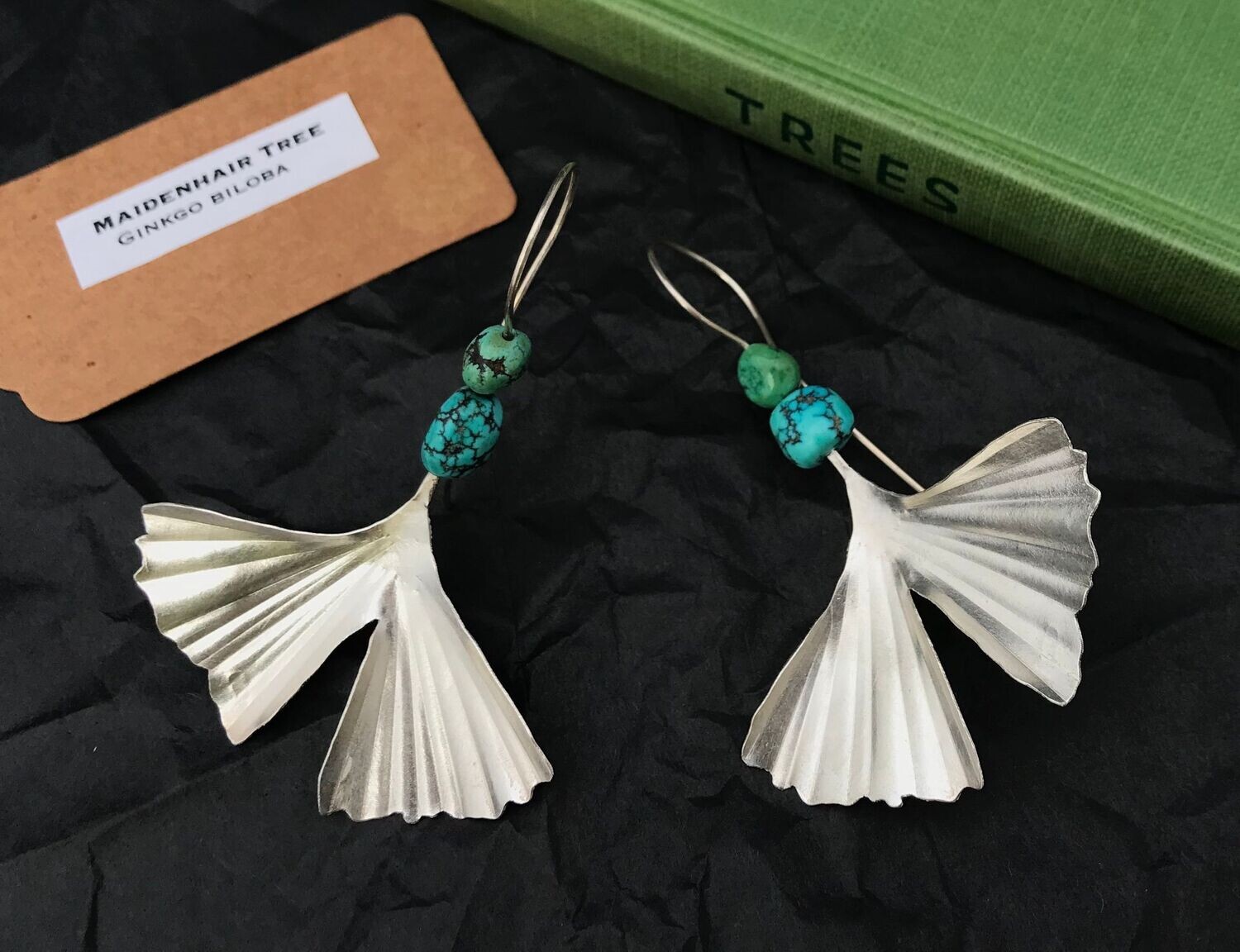 Hallmarked Large Maidenhair Tree -  Sterling Silver  and Vintage Turquoise Earrings