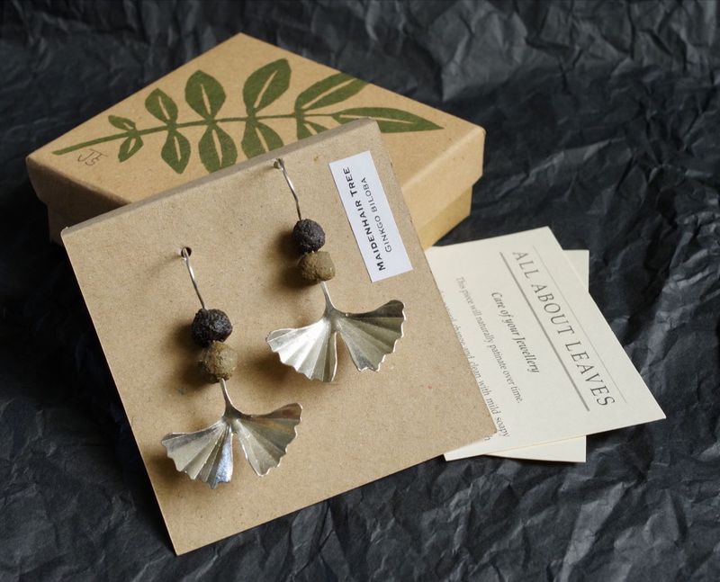 Maidenhair Tree Earrings - Sterling Silver + Earth Beads
