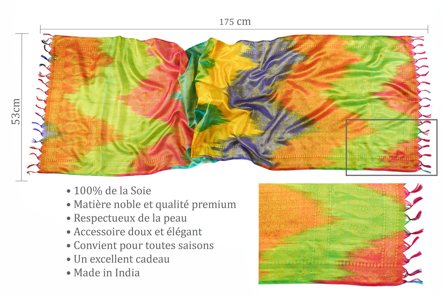 Écharpe 100% soie naturelle arc en ciel