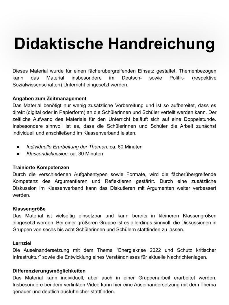 Unterrichtseinheit: Energiekrise 2022 & Schutz kritischer Infrastruktur