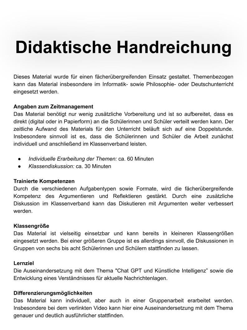 Unterrichtseinheit: Was ist ChatGPT? Künstliche Intelligenz im Unterricht - Unterrichtsmaterial