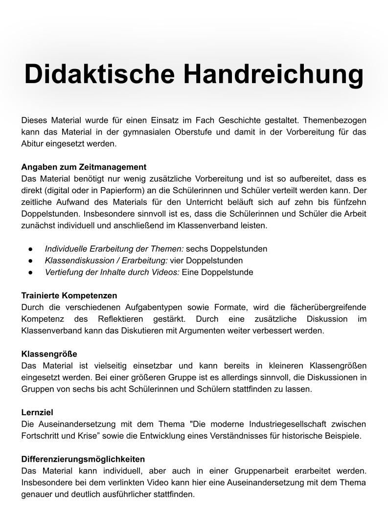 Unterrichtsreihe: Die moderne Industriegesellschaft zwischen Fortschritt und Krise - Stundenentwürfe, Arbeitsblätter & Stationenlernen
