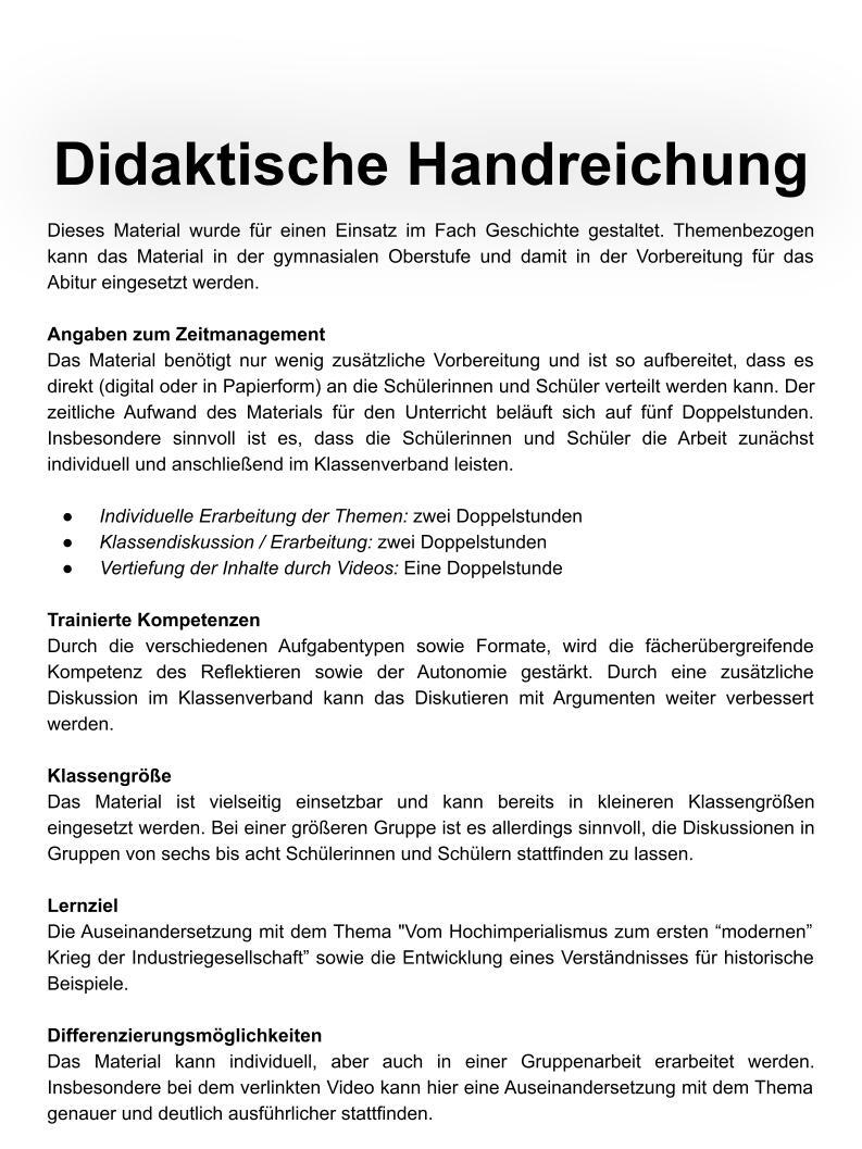 Unterrichtsreihe: Vom Hochimperialismus zum ersten „modernen“ Krieg der Industriegesellschaft - Stundenentwürfe, Arbeitsblätter & Stationenlernen