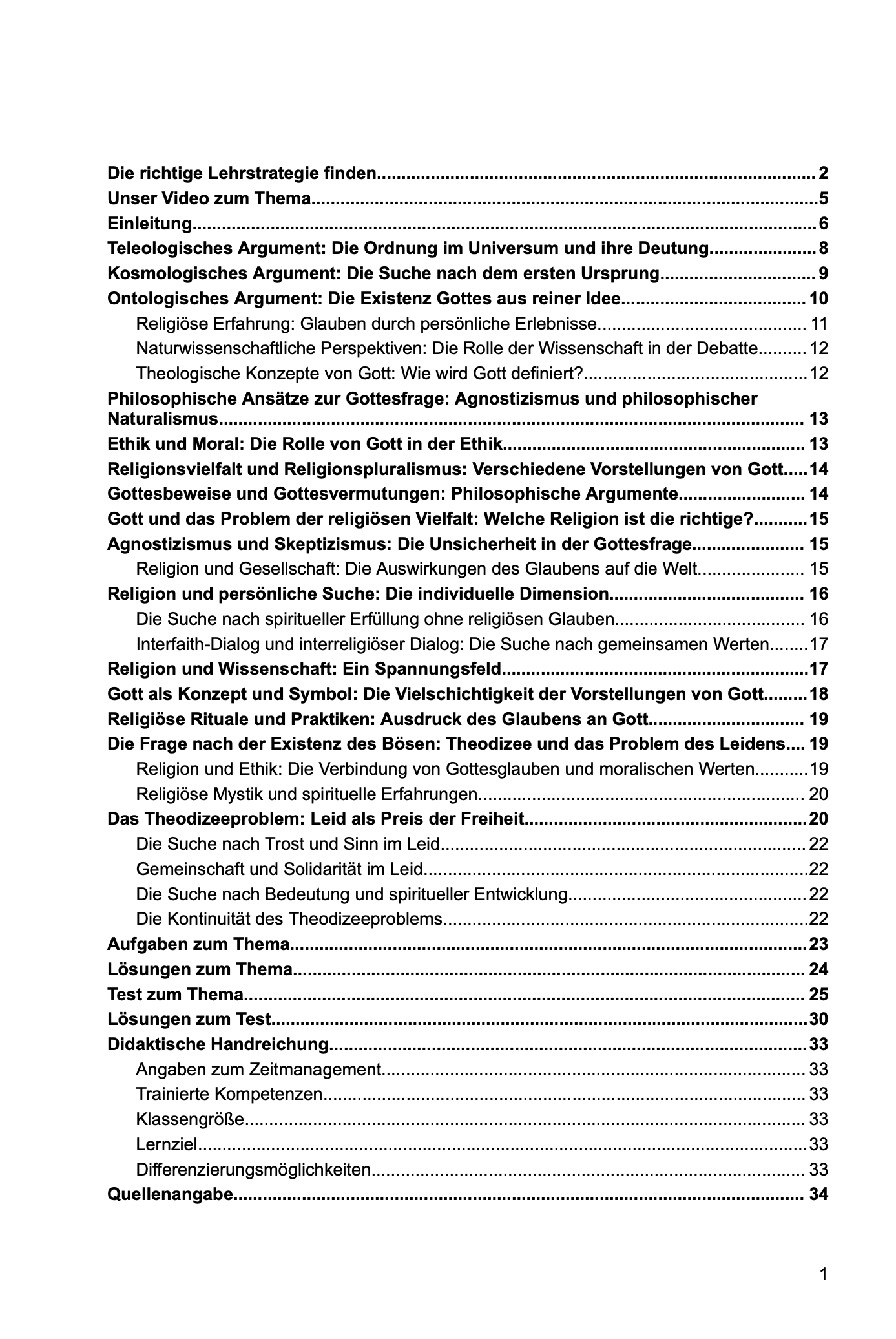 Unterrichtsreihe: Die Frage nach der Existenz Gottes - Texte, Aufgaben, Test & Stundenentwürfe