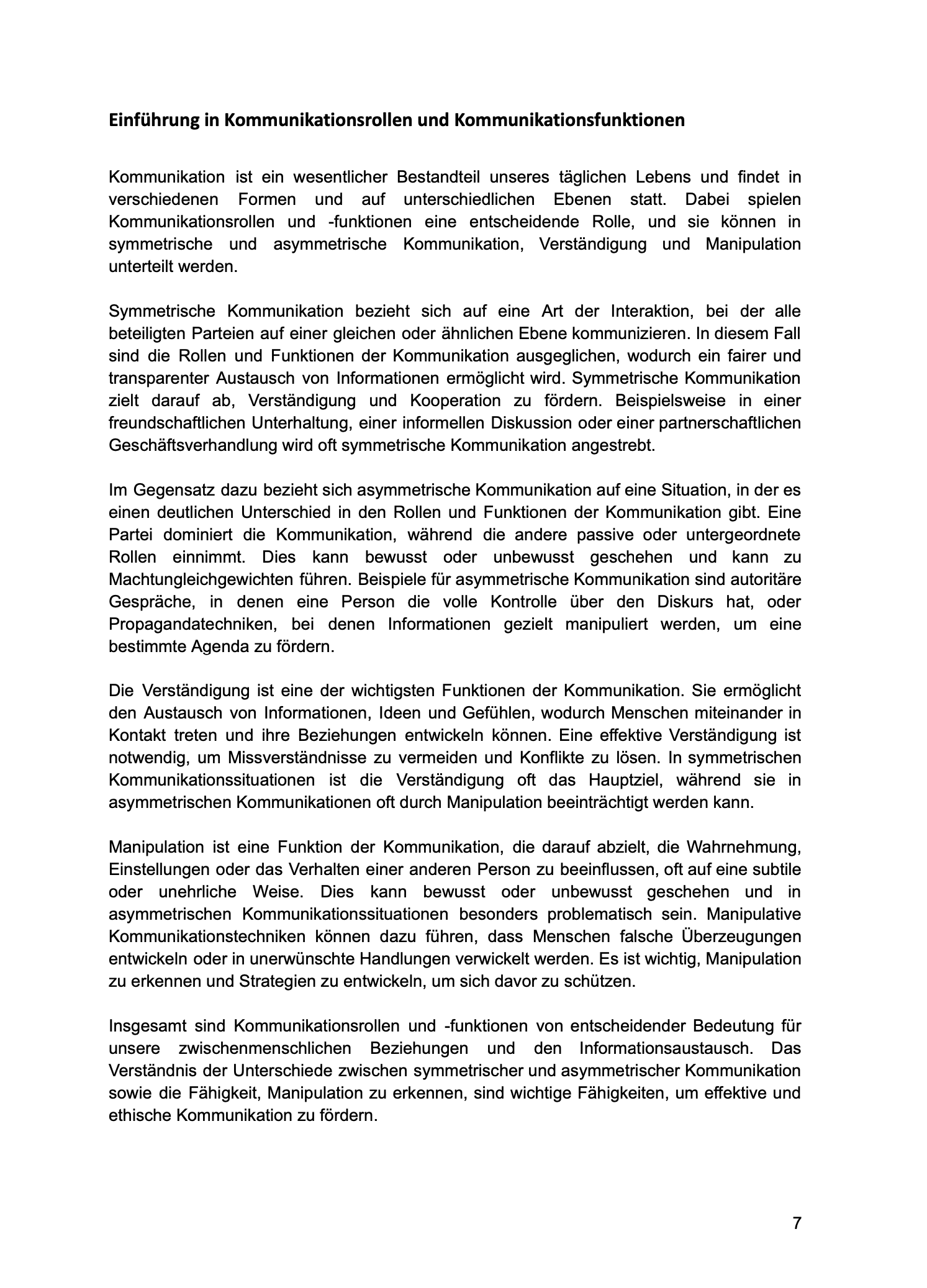 Unterrichtsreihe: (A-)Symmetrische Kommunikationsrollen und -funktionen