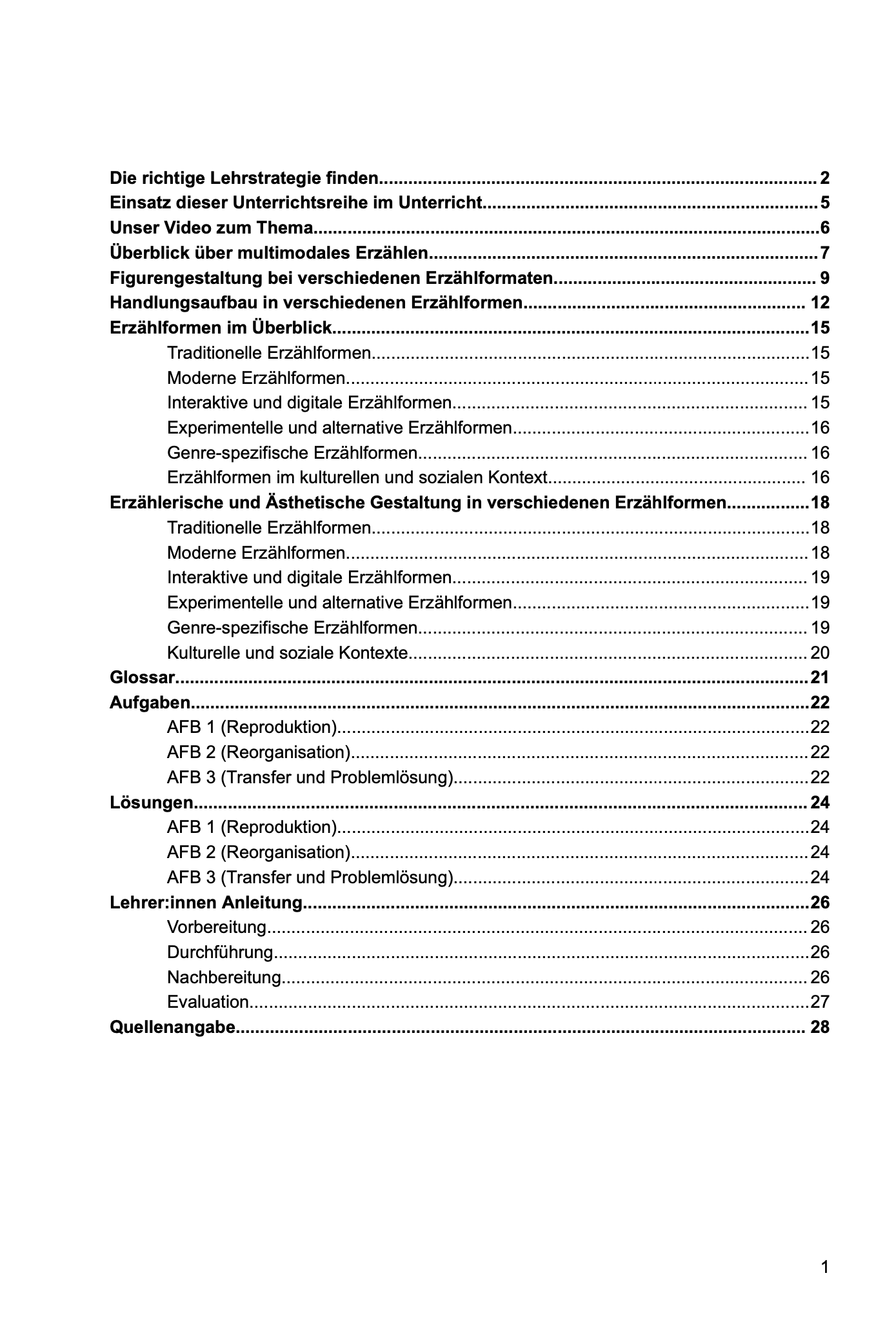 Unterrichtsreihe: Multimodales Erzählen: Figurengestaltung, Handlungsaufbau, erzählerische und ästhetische Gestaltung in verschiedenen Erzählformaten