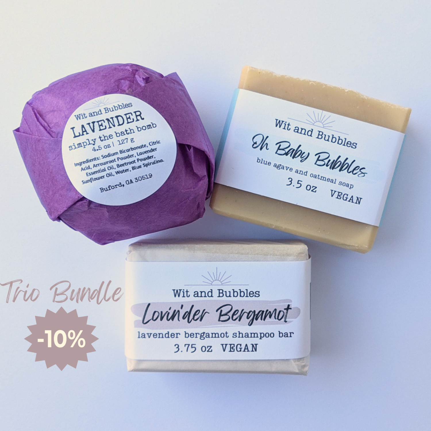 Trio Bundle: Soap, Shampoo Bar, & Bath Bomb