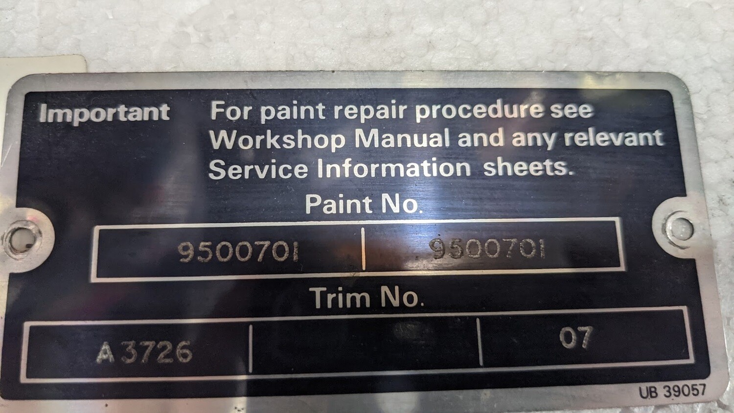 81 to 93 Rolls Royce Silver Spur Under hood paint identification plate placard