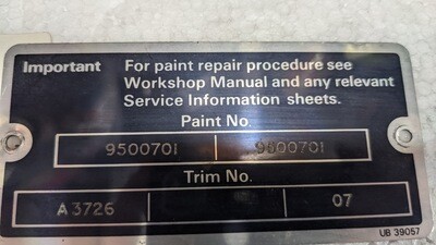 81 to 93 Rolls Royce Silver Spur Under hood paint identification plate placard