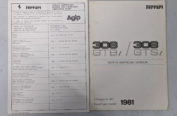 FERRARI 308 1981 PARTS  GTS owners MANUAL AND FOLDER POUCH