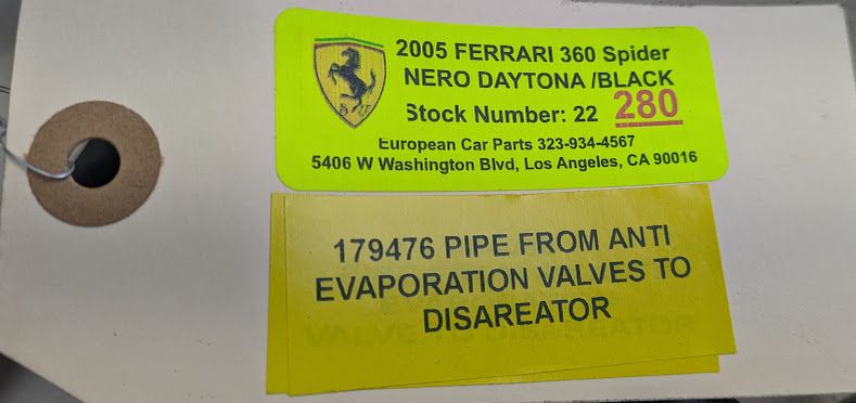 FERRARI 360 SPIDER PARTS FUEL EVAP VALVES TO CANISTER Y PIPE 179476