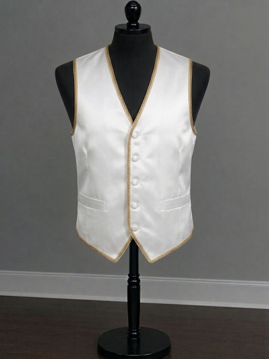 Men’s Satin White Vest with Gold  Trim
