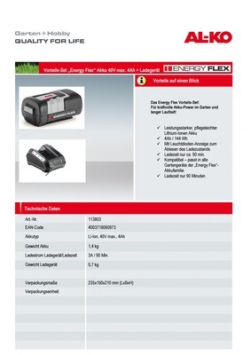 AL-KO ENERGY FLEX SET Akku 4 Ah + Ladegerät