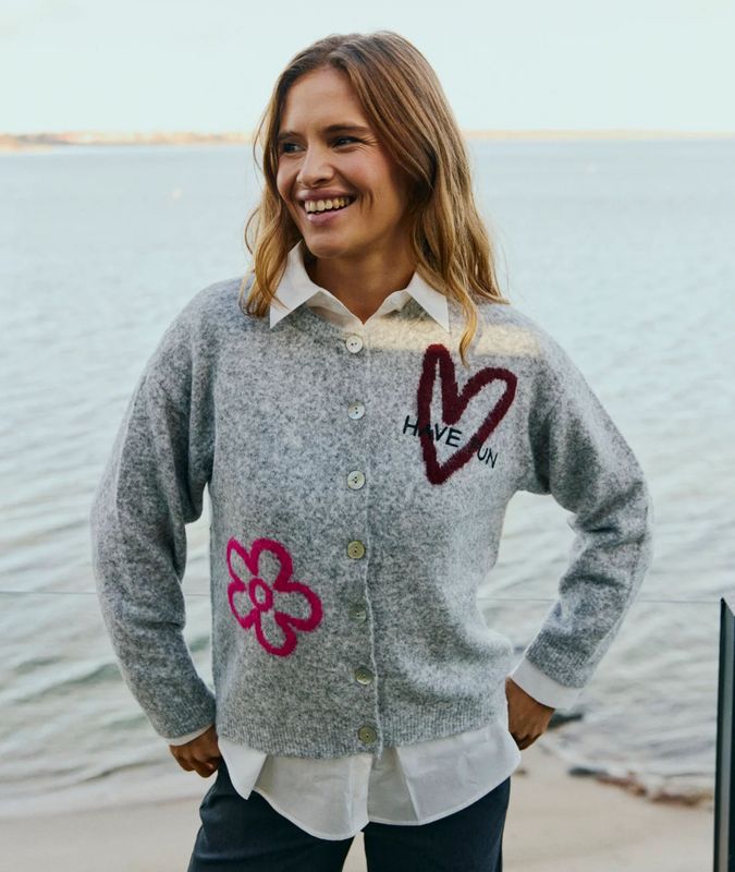 FQNOMAS-CARDIGAN Med Grey Mel w Fuchsia Purple