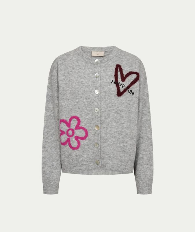 FQNOMAS-CARDIGAN Med Grey Mel w Fuchsia Purple
