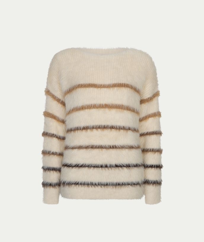 Fuzzy sweater &amp; stripe creme/brown