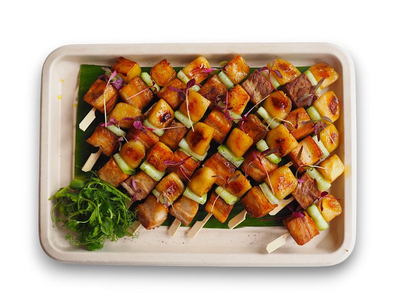 Braised Pork Belly with Caramelised Apple and a Cucumber Ribbon Skewer