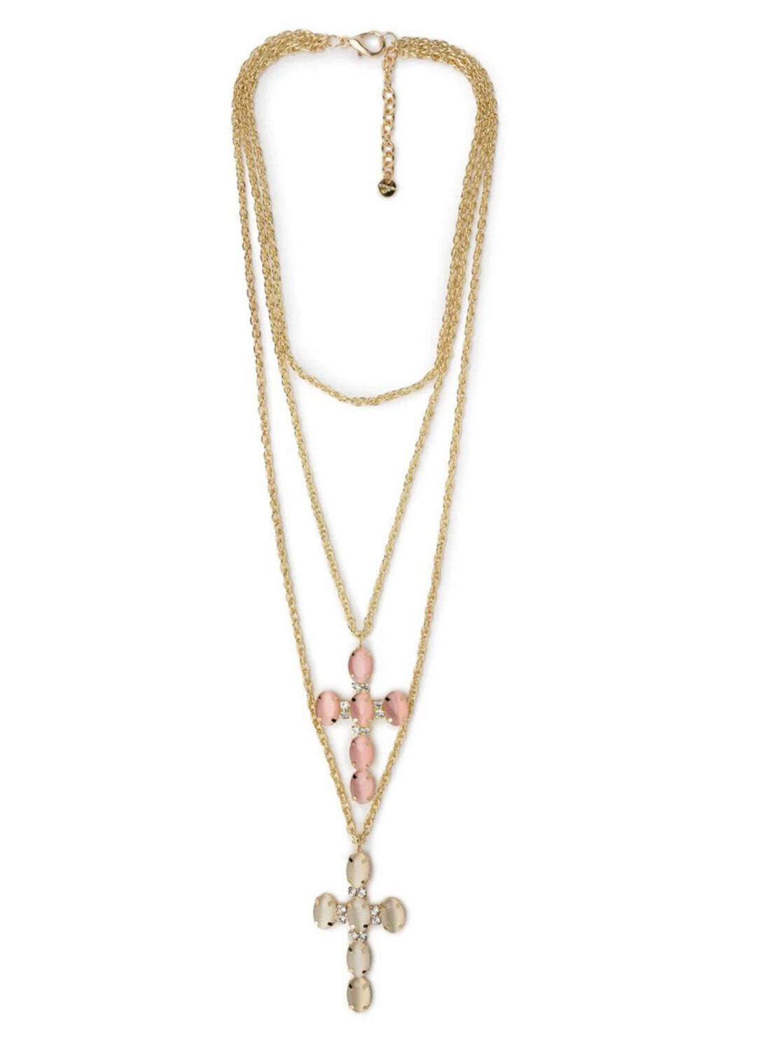Collana con tripla catena in ferro con doppia croce in vetro rosa e bianca Mya