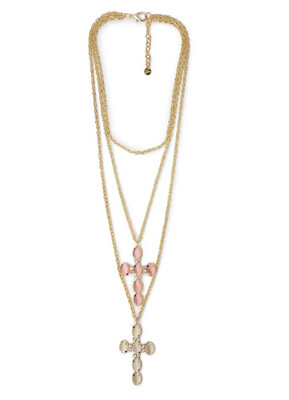Collana con tripla catena in ferro con doppia croce in vetro rosa e bianca Mya