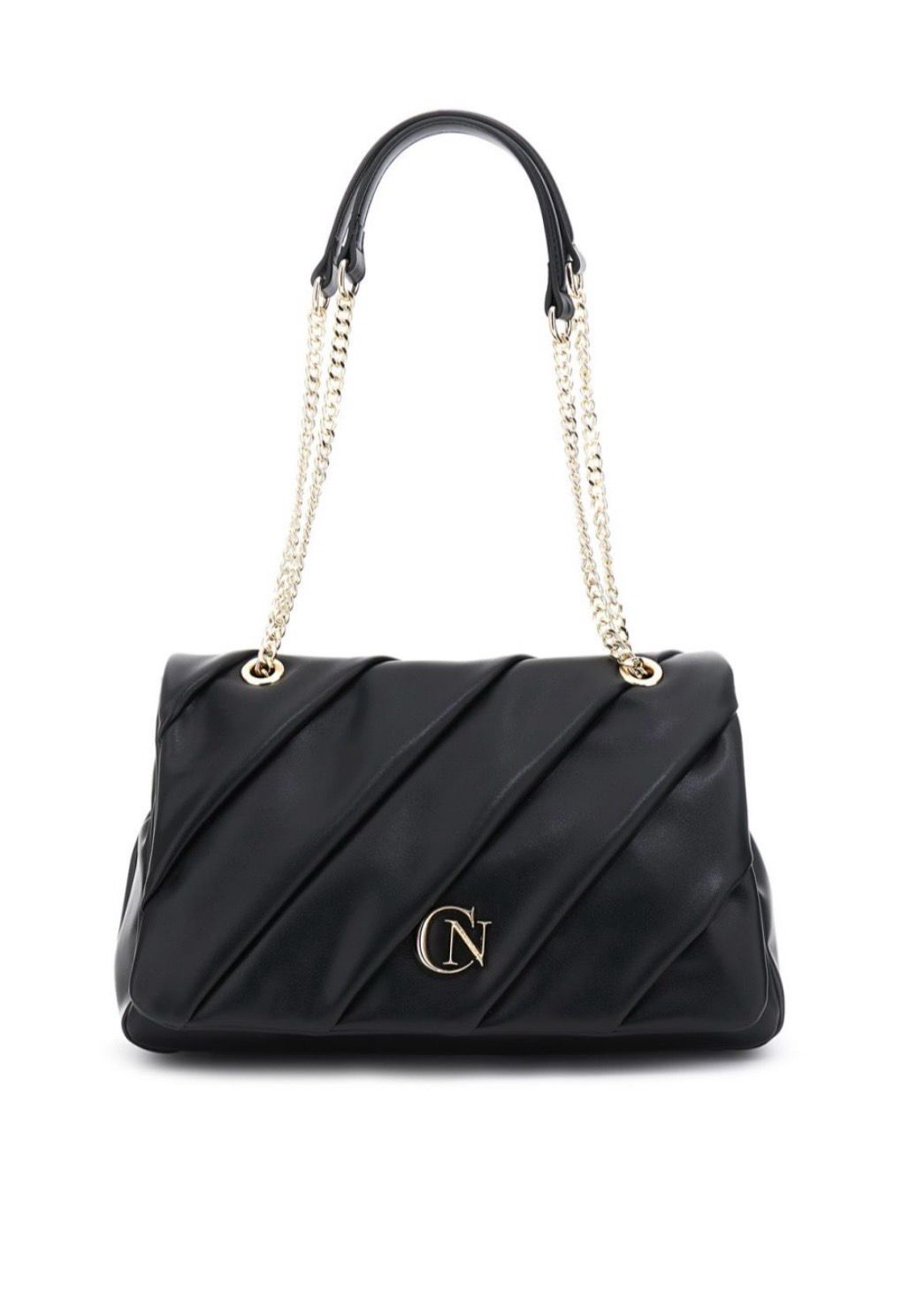 Borsa a spalla Cafenoir donna pattina effetto pelle liscia nera con catena e plissé