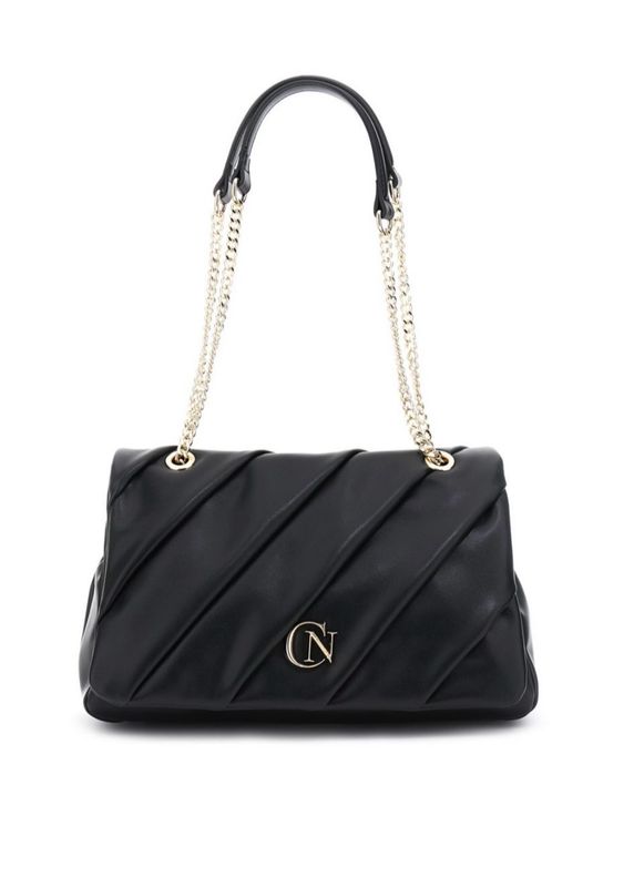 Borsa a spalla Cafenoir donna pattina effetto pelle liscia nera con catena e plissé