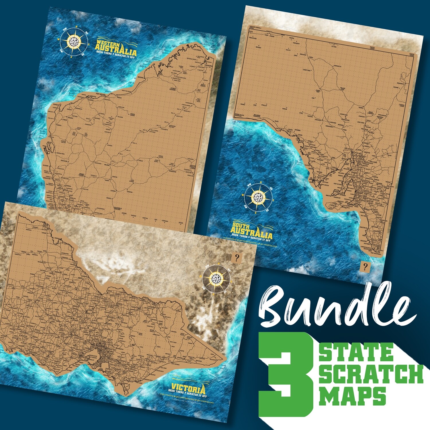 A3 BUNDLE: Across the Bottom. Western Australia, South Australia &amp; Victoria Scratch Maps