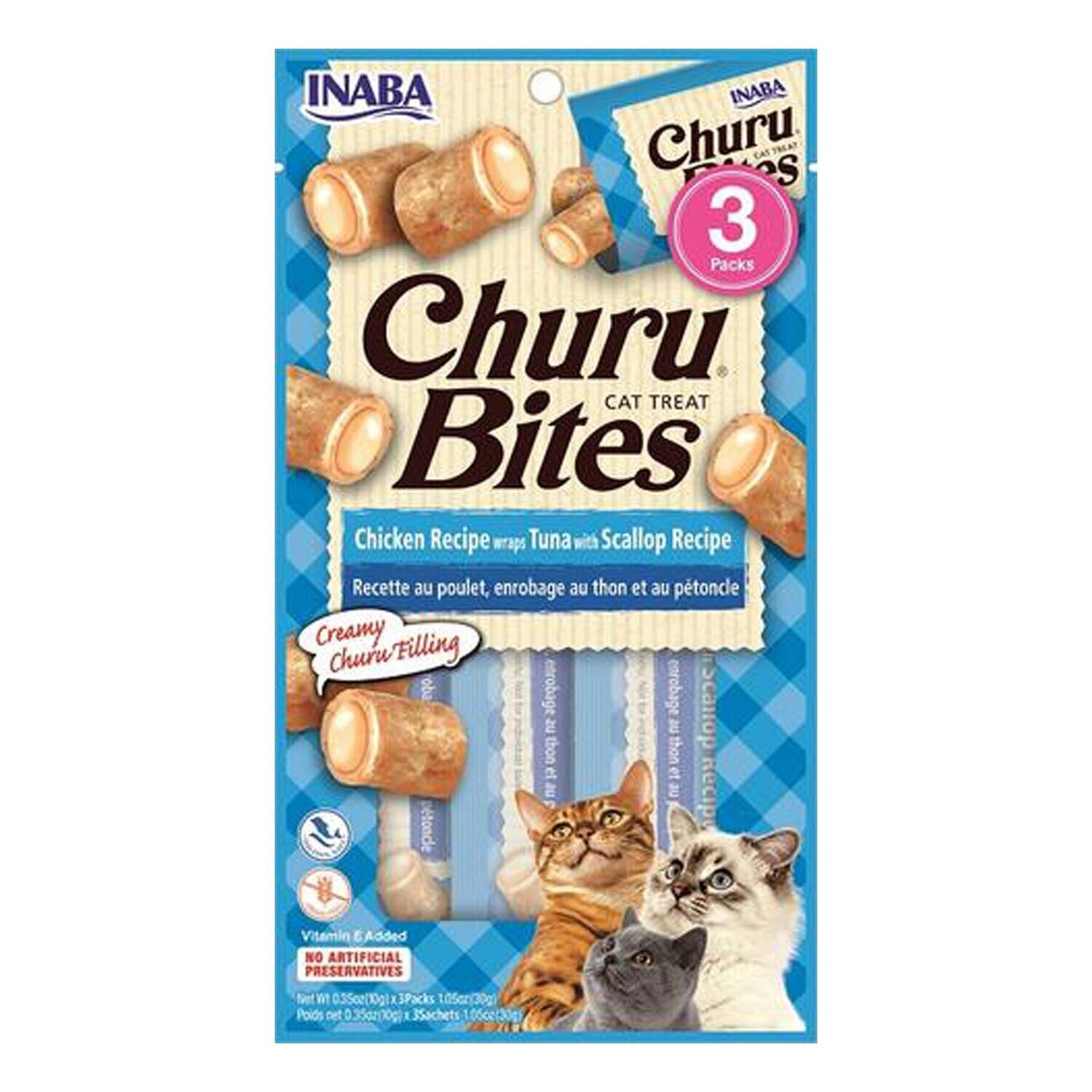 INABA Cat Churu Bites - Chicken Recipe Wraps Tuna with Scallop Recipe-0.35 oz (10 g) × 3 packs 鸡肉包吞拿鱼和扇贝夹心味零食